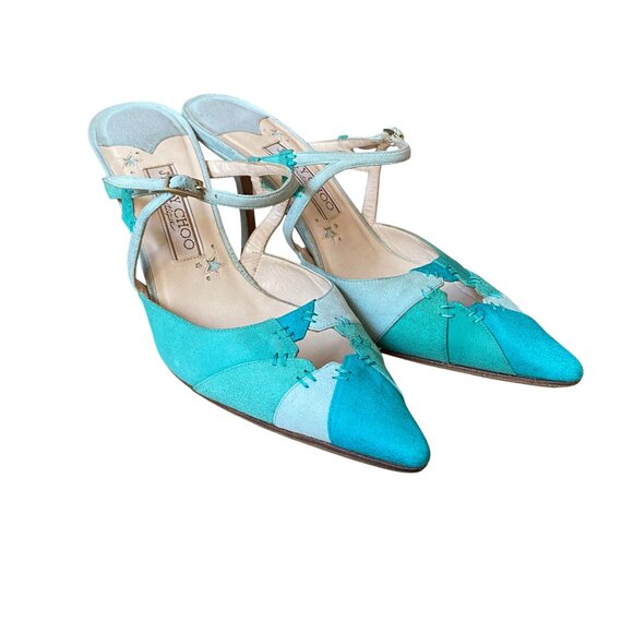 JIMMY CHOO Blue Suede Color Block Patchwork Slingbacks - Size 38.5 - Picture 1 of 10